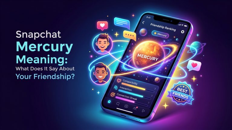 Create a vibrant, engaging social-media-themed illustration for the title “Snapchat Mercury Meaning: What Does It Say About Your Friendship?”. Show a smartphone displaying a friendship ranking screen with a glowing Mercury planet highlighted prominently. Feature two friendly user avatars connected by bright orbit lines, symbolizing a close friendship. Use a cosmic theme with stars, planets, and neon space effects in shades of yellow, orange, blue, and purple. Add visual cues suggesting friendship status, such as heart icons, chat bubbles, and a "Best Friends" style badge. The design should evoke curiosity about what Mercury represents in a friendship ranking system. Dark gradient background, high contrast lighting, futuristic UI elements, clean composition, professional digital artwork, ultra-sharp details, YouTube thumbnail style, 16:9 aspect ratio, no watermarks, minimal or no text.